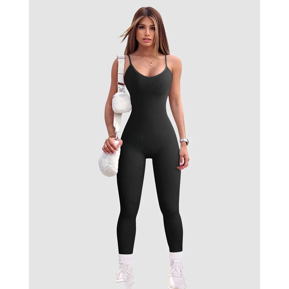 NEW Black Ribbed Jumpsuit One Piece Size M Catsuit Workout Basics Essential Cute